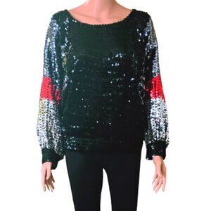 Vtg Lady Helene Sequin Evening Top 2X Black Red Silver Puff Dolman Sleeve Blouse